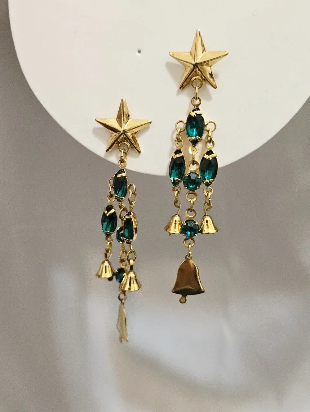 Vintage Gold Star Bells Drop Earrings with Green Rhinestones